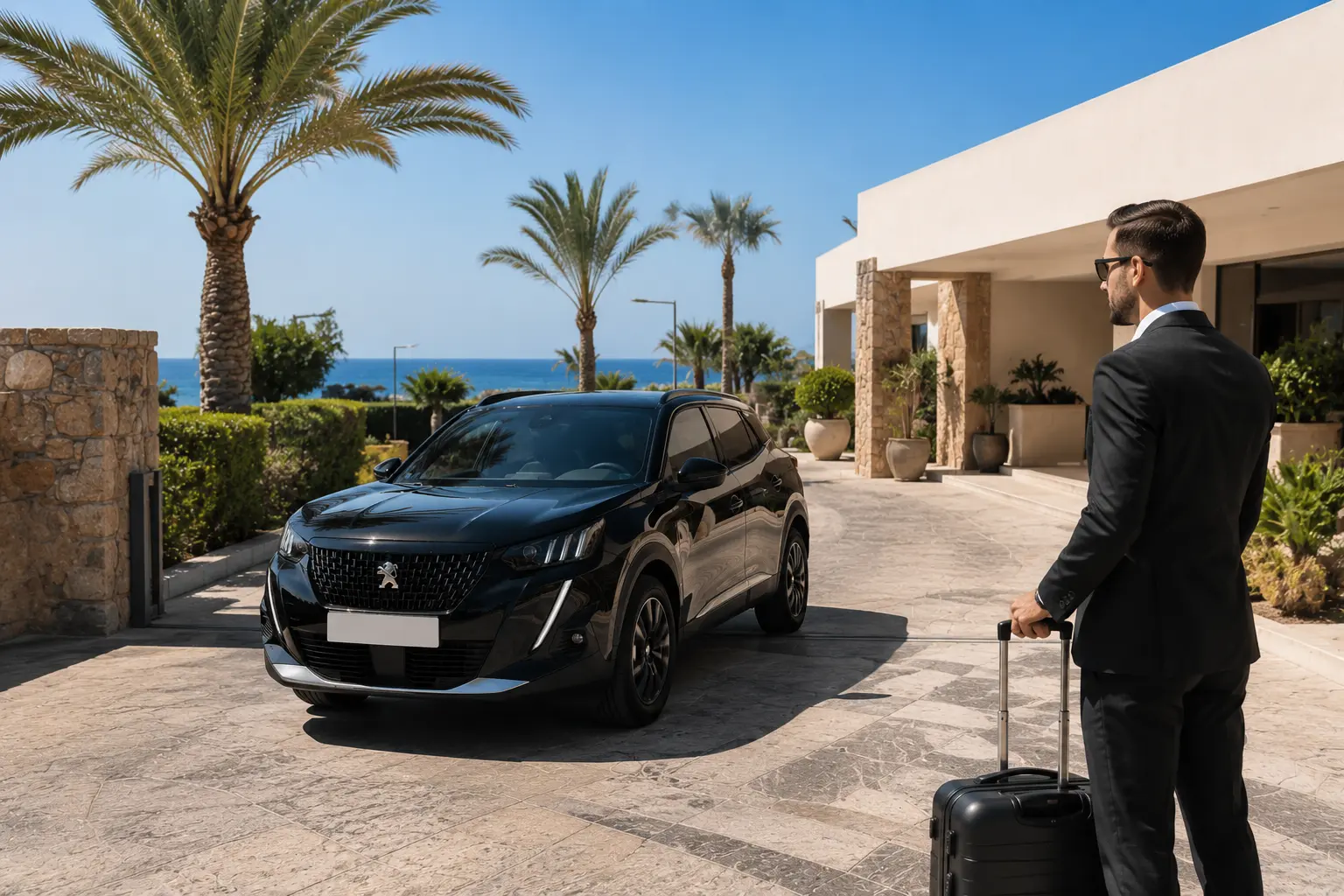 Chauffeur greeting a traveler outside a Rhodes hotel