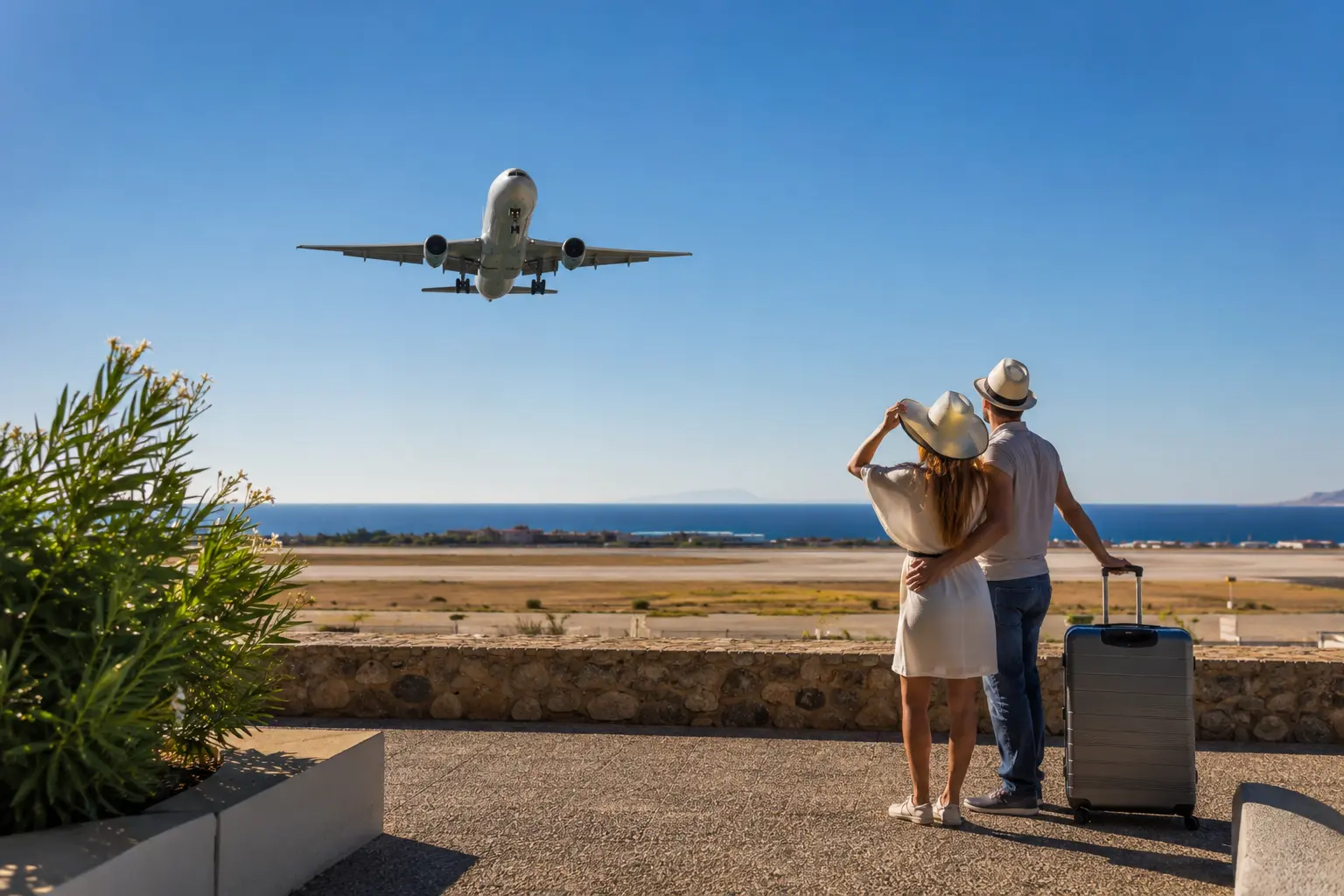 Travelers watching a plane land in Rhodes