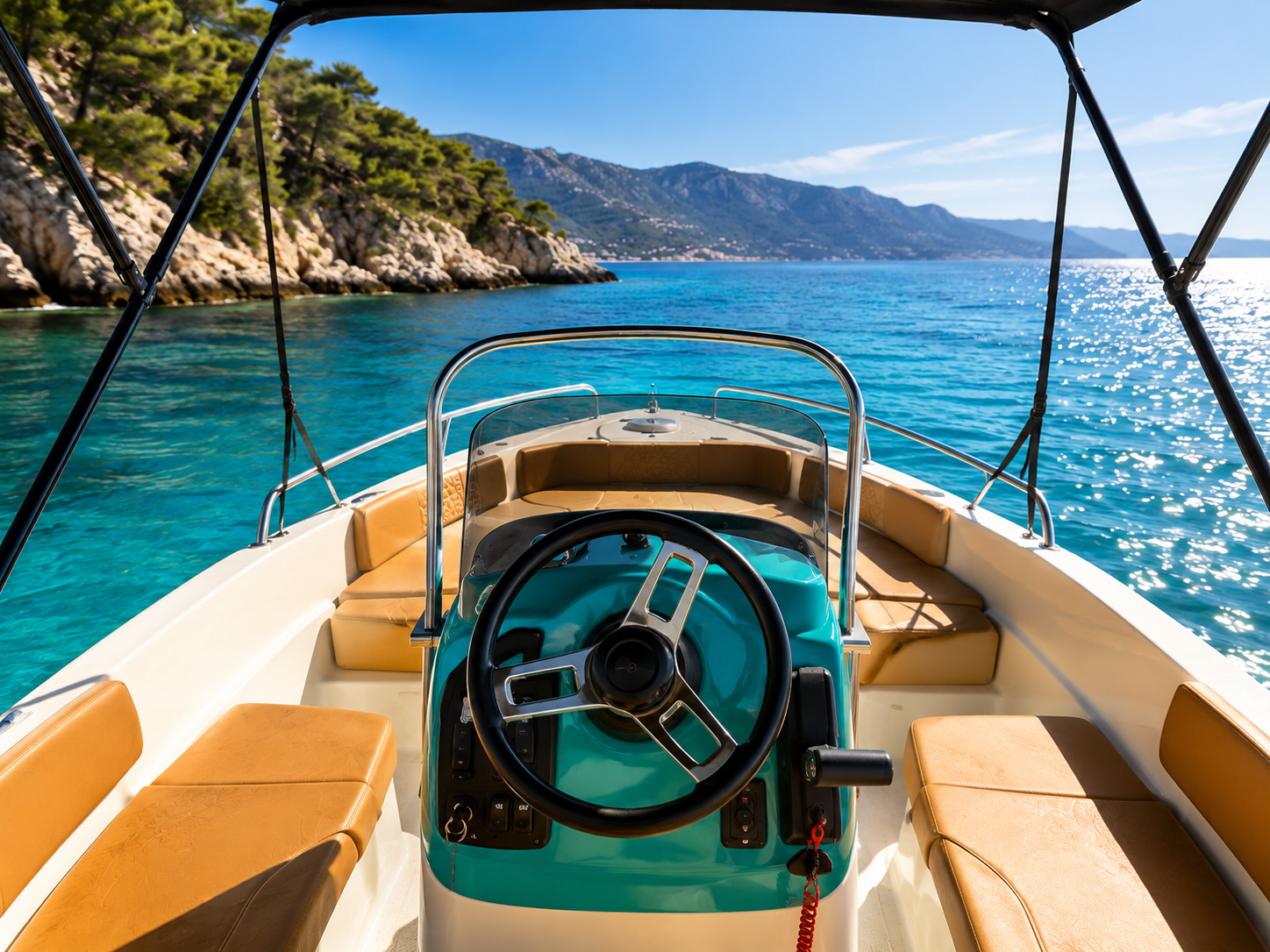 View from inside the Riptide boat toward the Rhodes coastline