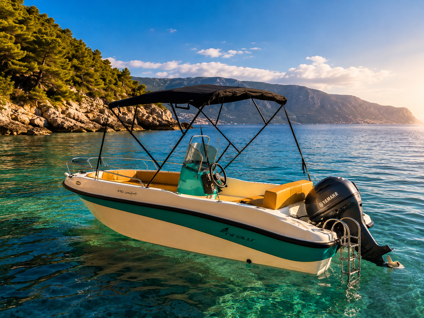 Riptide Watersports boat ready for a coastal trip in Rhodes