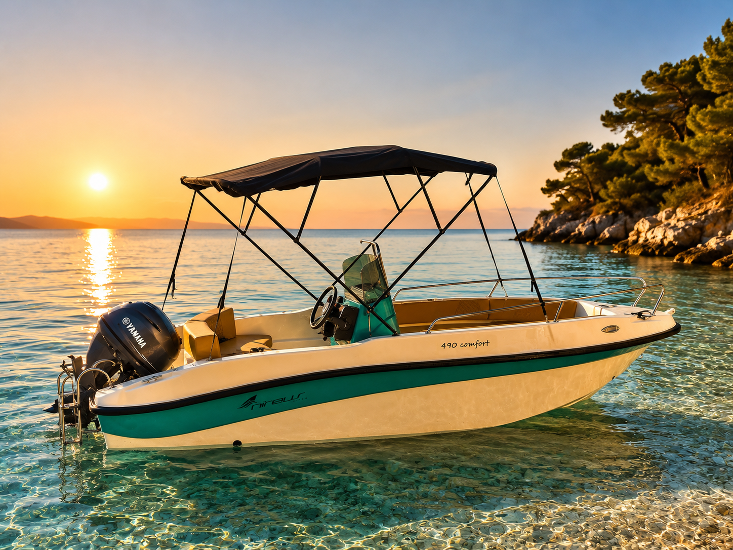 Riptide Watersports boat in golden sunset light near the Rhodes coast