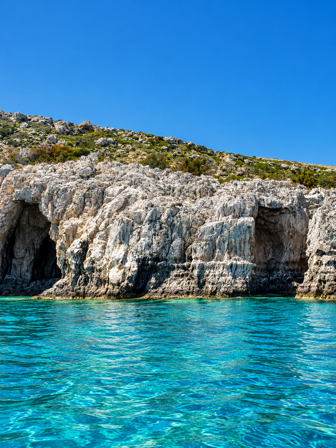 Rocky sea caves and bright water along the Rhodes coastline